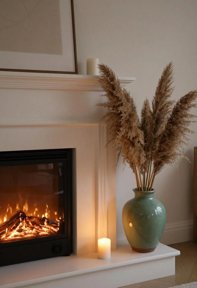 Fireplace with jade ceramic pot of pampas grass and white candle on the mantel