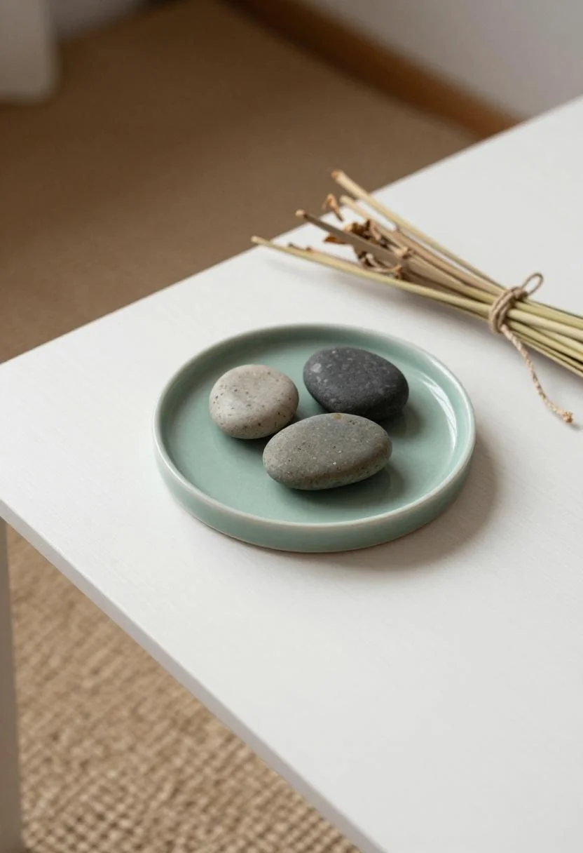 Jade ceramic dish with a lemongrass bundle arranged on a white oak coffee table