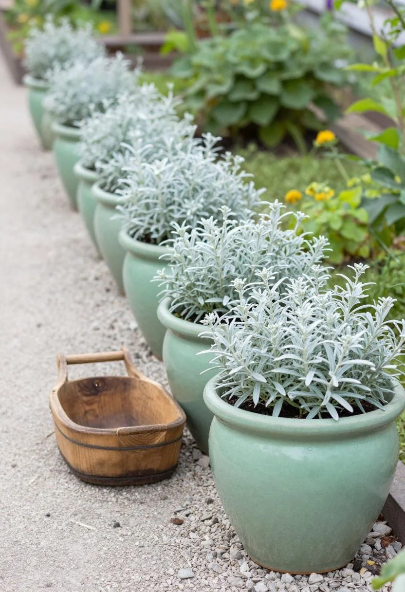 Catmint in jade ceramic pots lining the edge of a gravel garden path in morning light