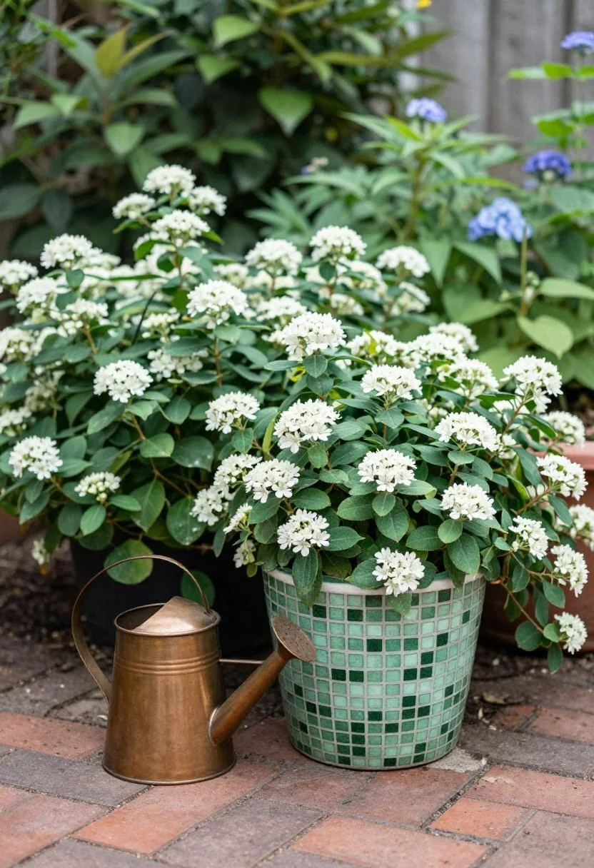 Jade green mosaic pot with butterfly bush and a copper watering can beside a morning-lit brick path