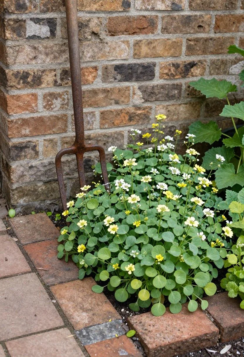 Wasabi-toned lady's mantle sprawling between reclaimed brick pavers with a rusted iron garden fork against the wall