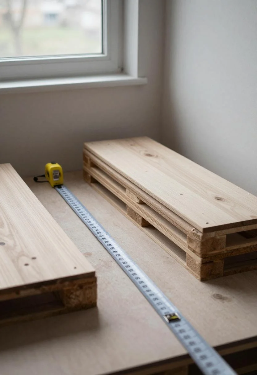 Pallet boards measured with a wasabi tape measure on a balcony workshop in overcast light