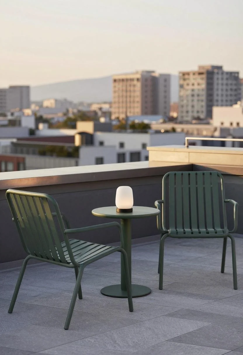 Steel lounge chairs flanking wasabi side table with glass lantern on golden-hour rooftop deck
