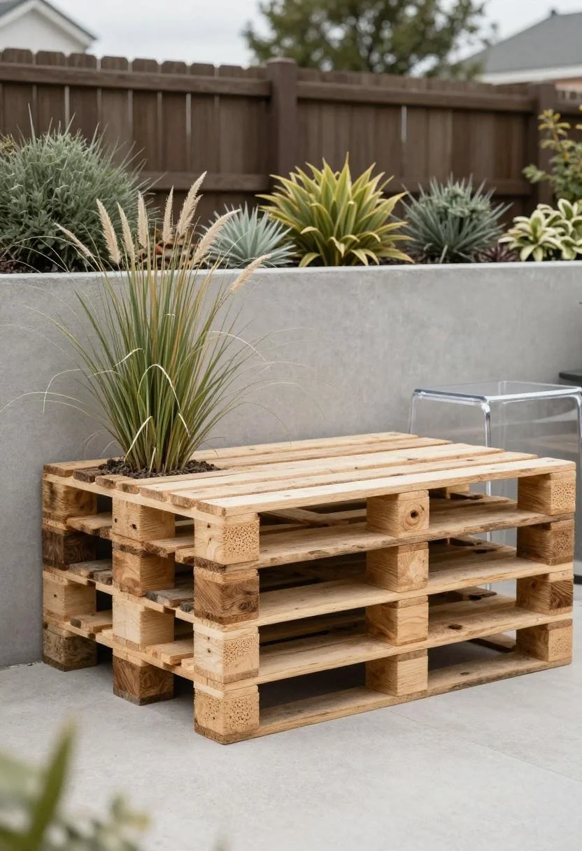 Wasabi concrete planter with ornamental grass anchoring one end of a pallet garden bench