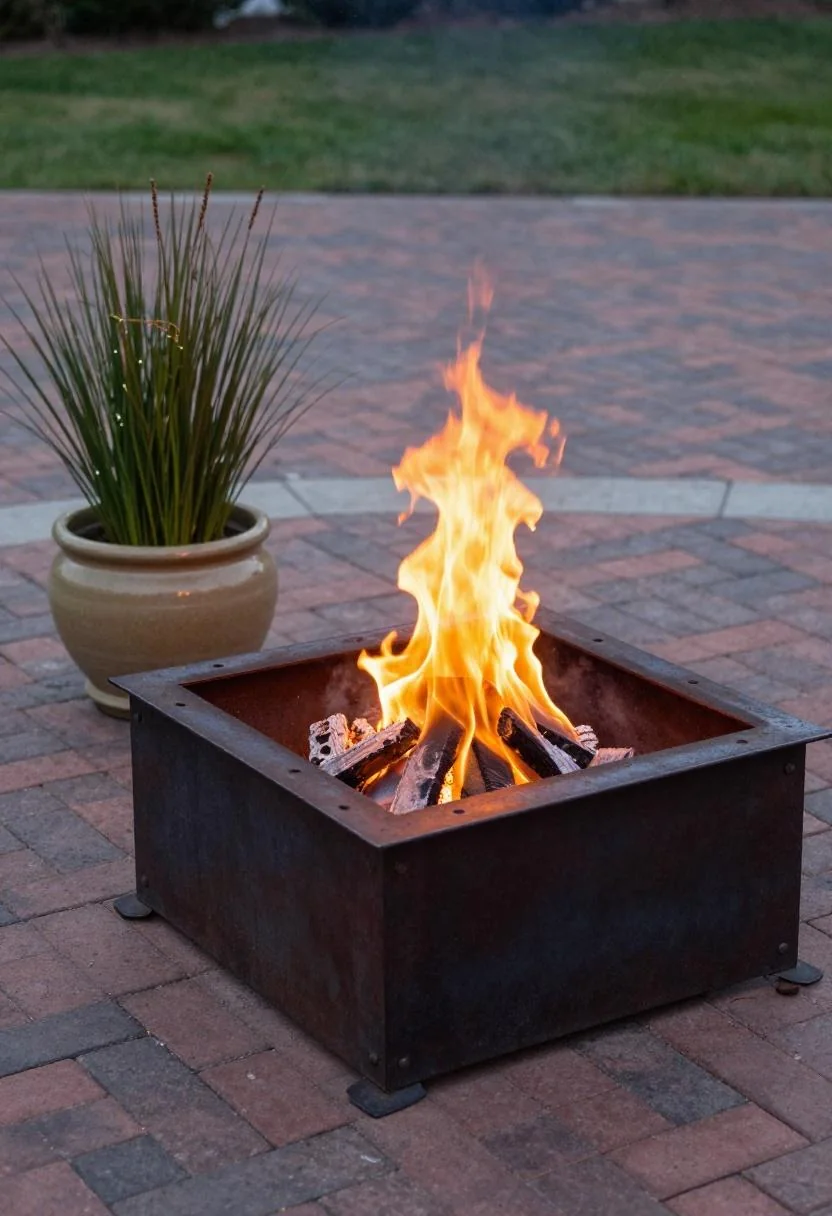 Steel fire pit with wasabi ornamental grass planter on a herringbone brick patio at morning