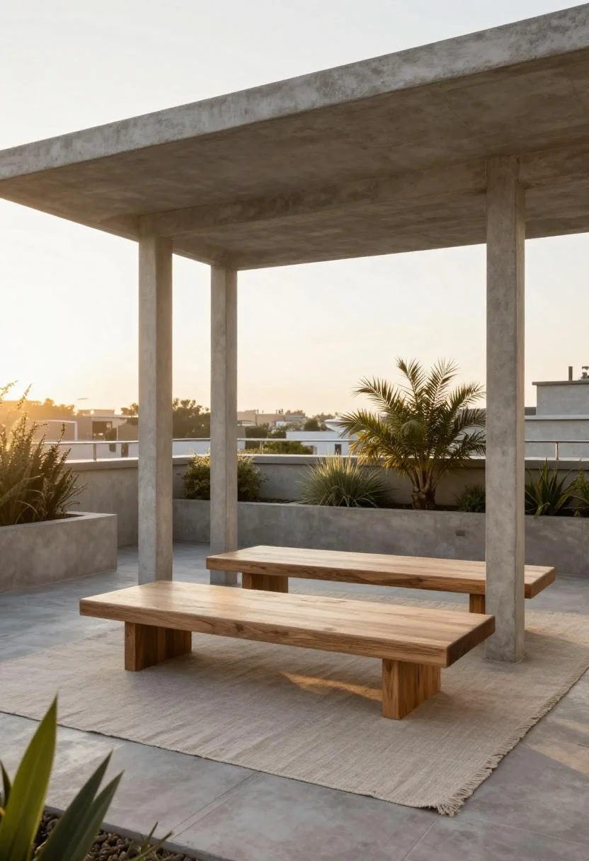 Concrete pergola with a wasabi linen rug anchoring low walnut benches on a rooftop deck