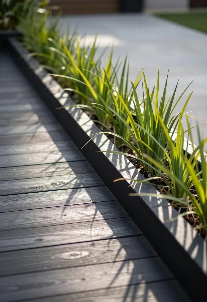 Matte black pine board edging containing a row of wasabi-toned lemongrass along a deck garden strip