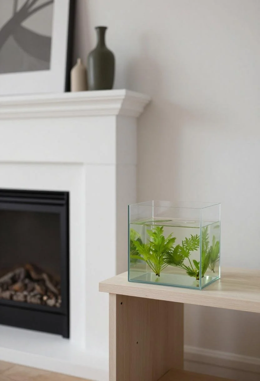 Small aquarium with wasabi-green floating plants on a pine shelf beside a Scandinavian fireplace