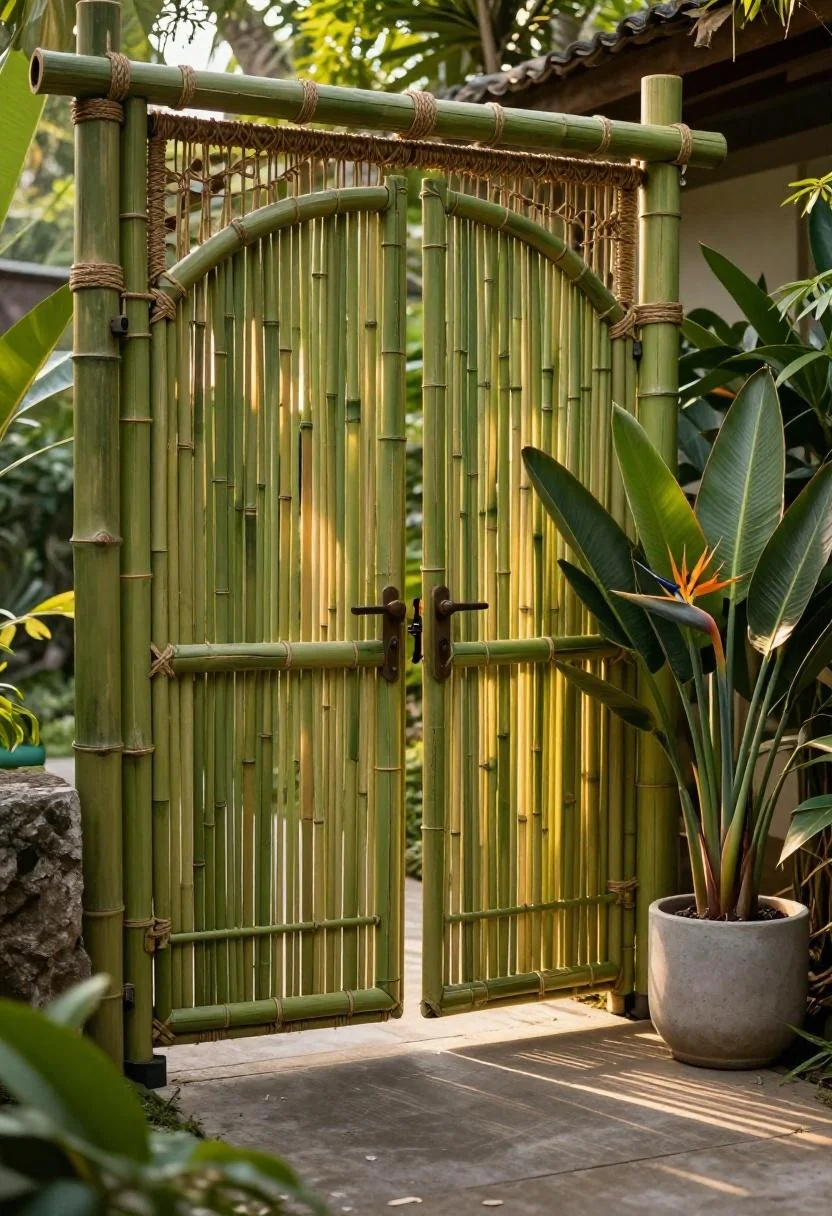 Wasabi-green bamboo arbor with a bird-of-paradise plant anchoring a lush tropical garden entry