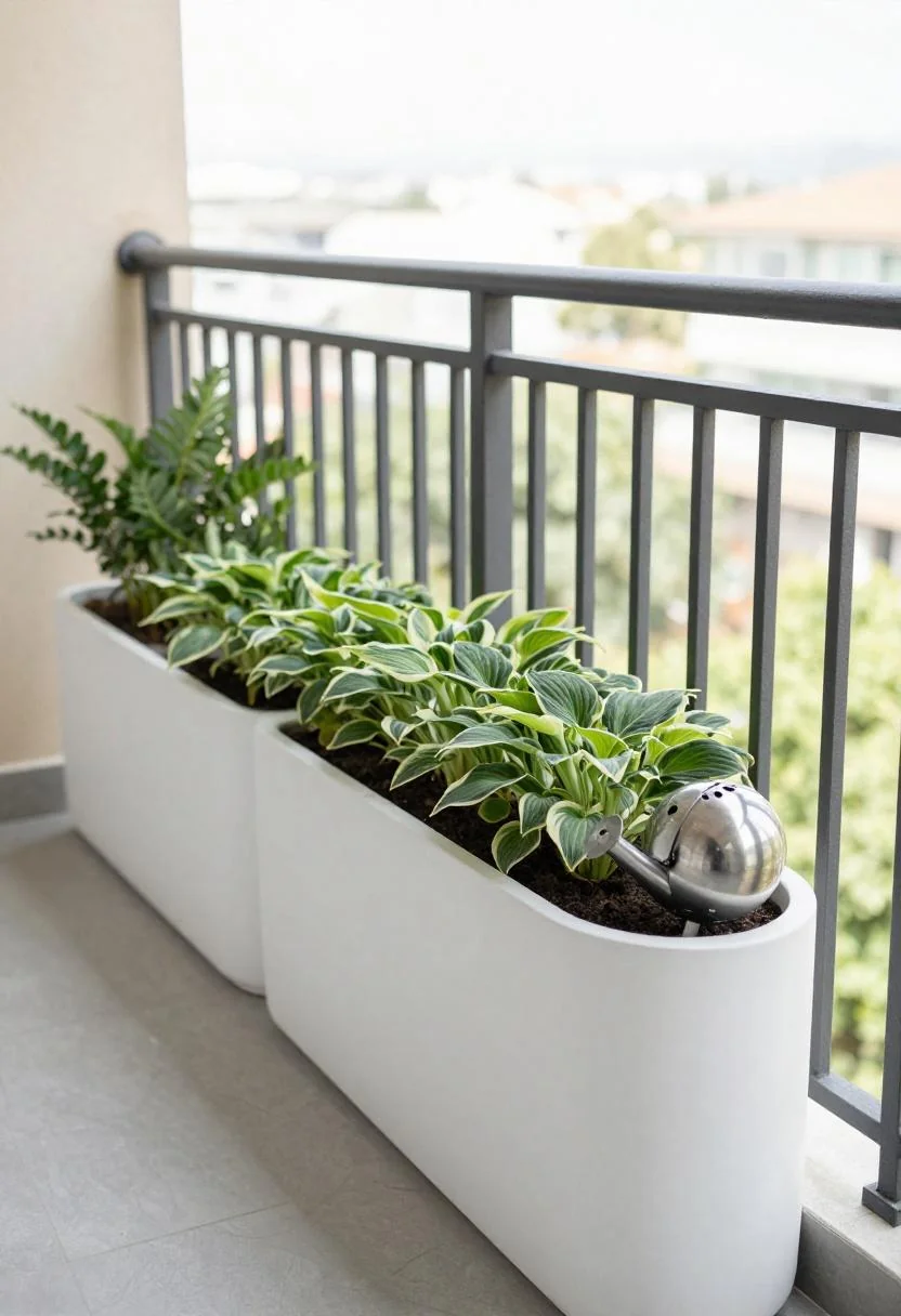 White fiberglass trough with hostas and a steel watering globe on a modern balcony
