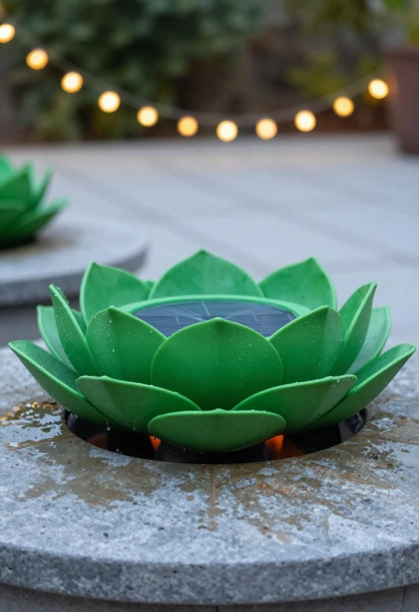 Wasabi green lotus solar fountain bowl on flagstone with dusk string lights blurred behind