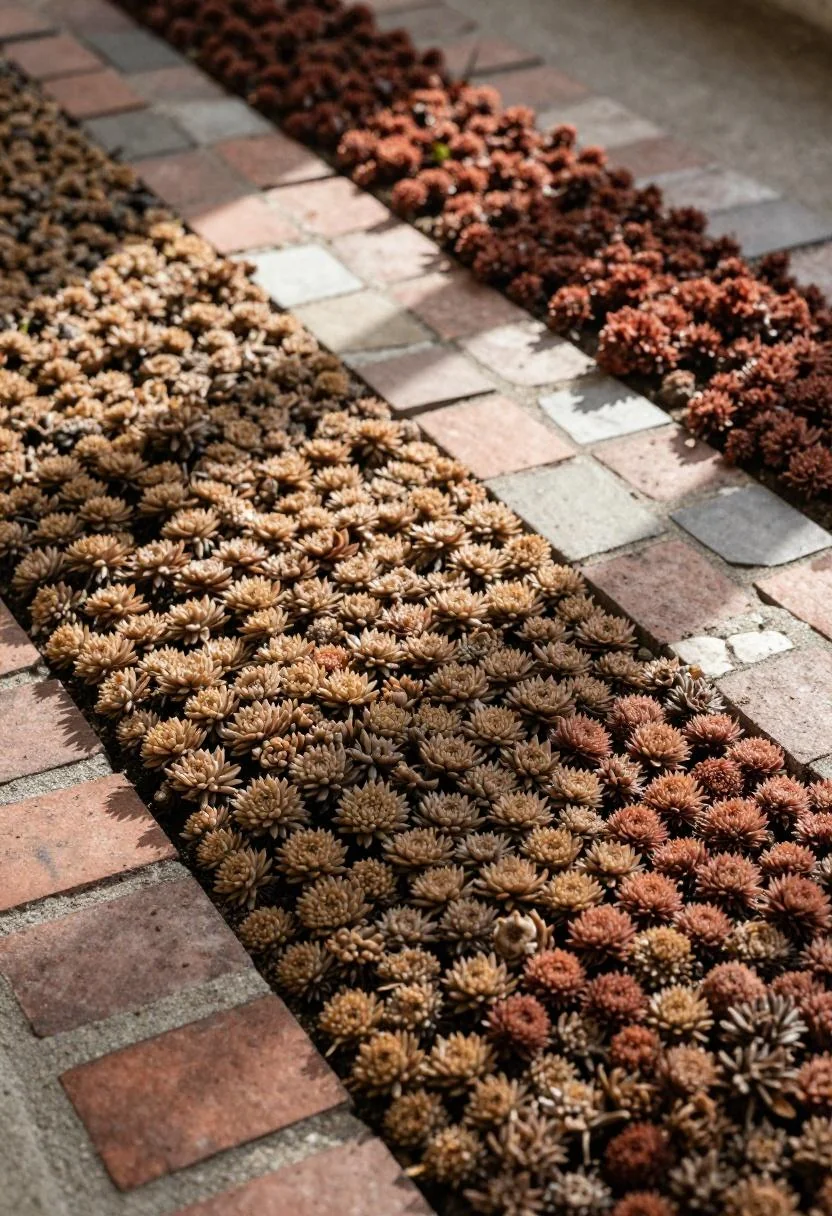 Geometric patchwork of wasabi, bronze, and rust sedum varieties divided by reclaimed brick borders