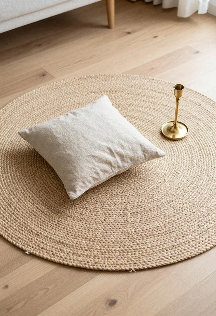 Overhead view of jute rug with wasabi linen pillow and brass candlestick