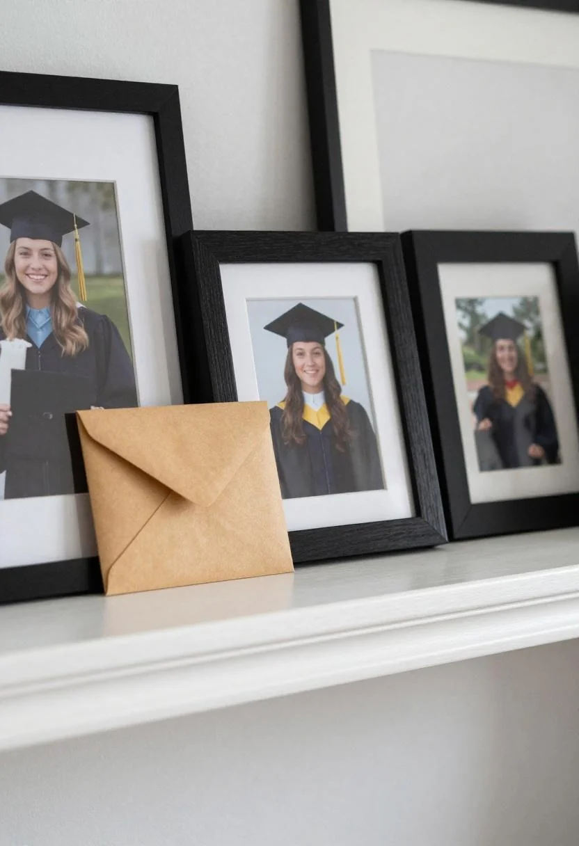 Black walnut graduation frames leaning on a picture ledge with a wasabi linen envelope