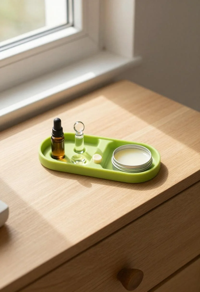 Glass essential oil rollers and a natural balm tin in a wasabi silicone drawer tray