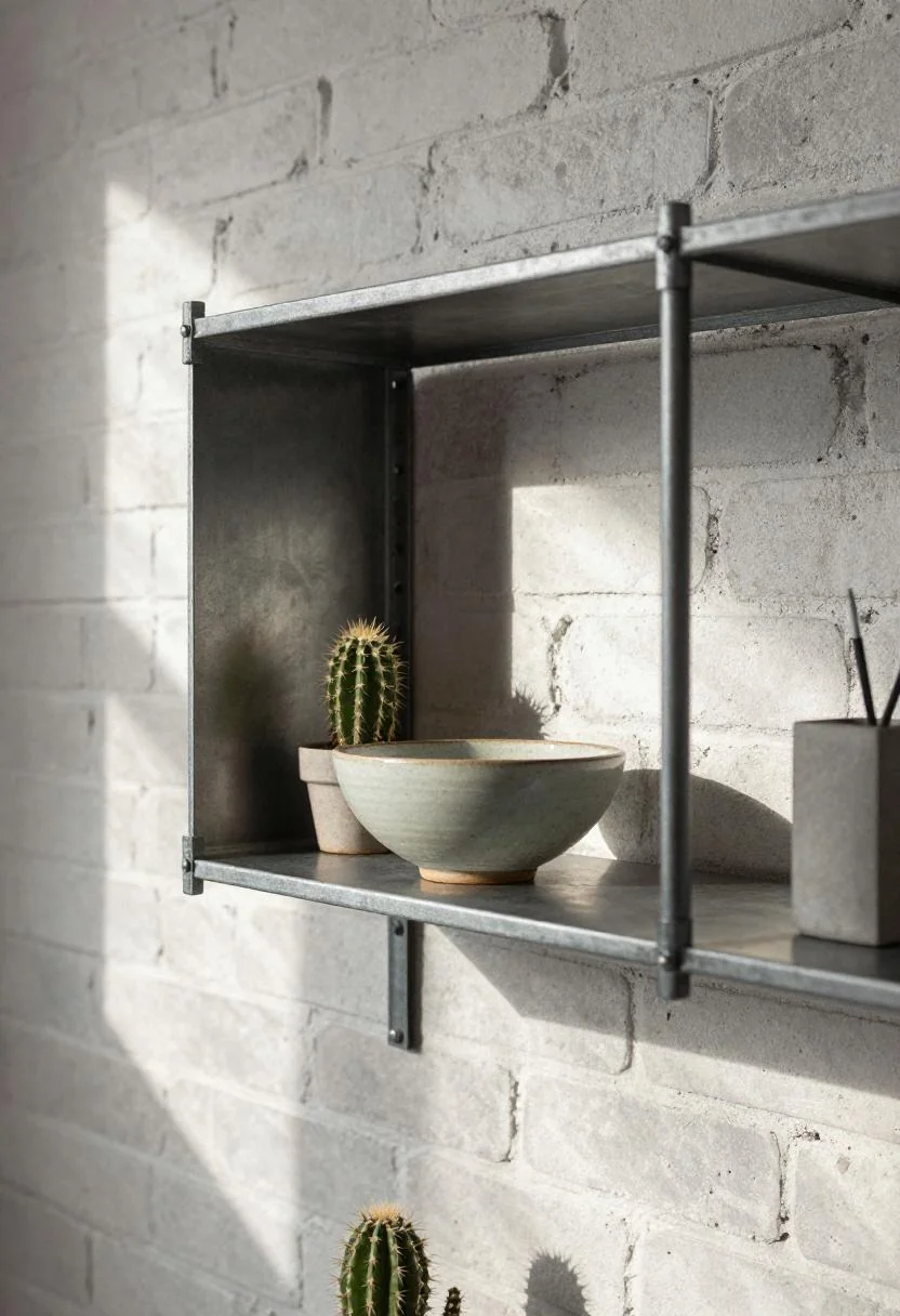 Industrial steel bookshelf with wasabi ceramic bowl and cactus against exposed brick