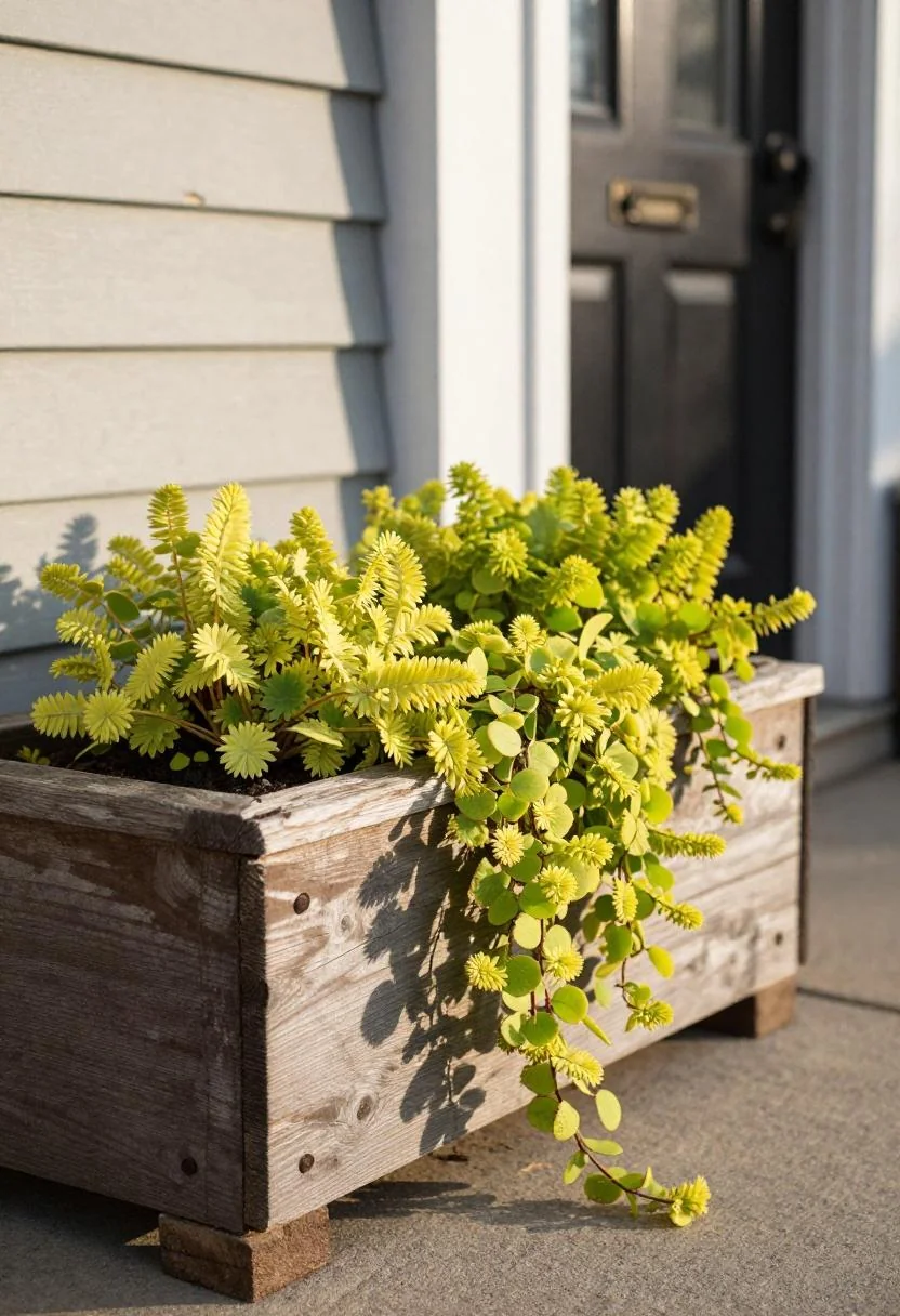 Reclaimed wood flower bed with lady's mantle and creeping Jenny beside a front gate