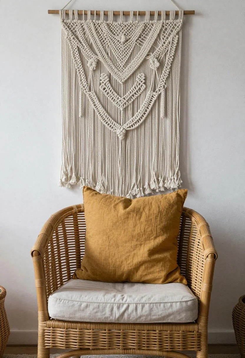 Rattan armchair with wasabi linen cushion beneath a macramé wall hanging