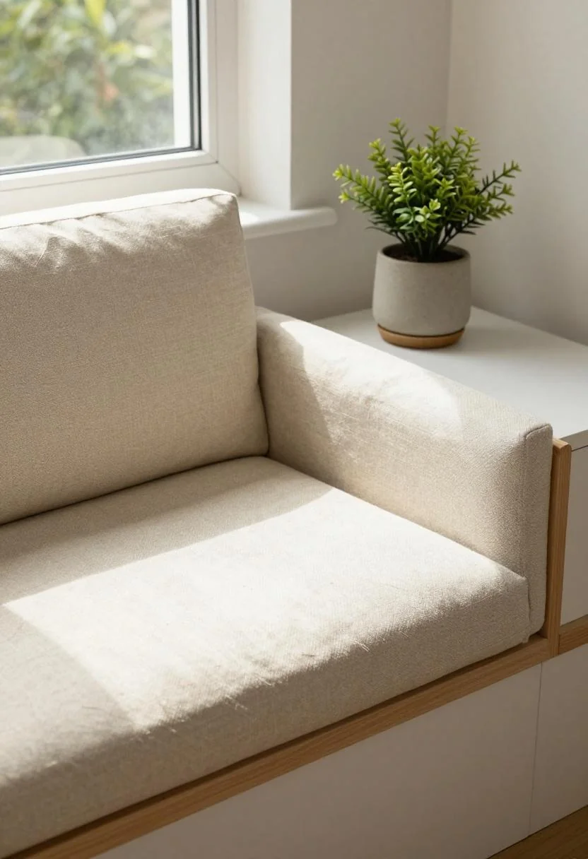 Wasabi faux herbs in a ceramic pot on an oatmeal linen window seat ledge