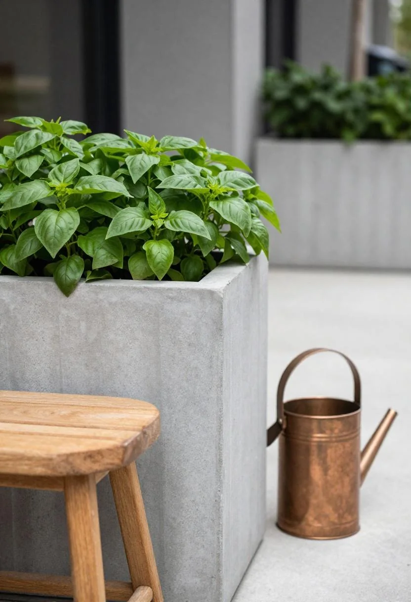 Thai basil in a concrete planter with wasabi-bright new growth on a modern teak deck