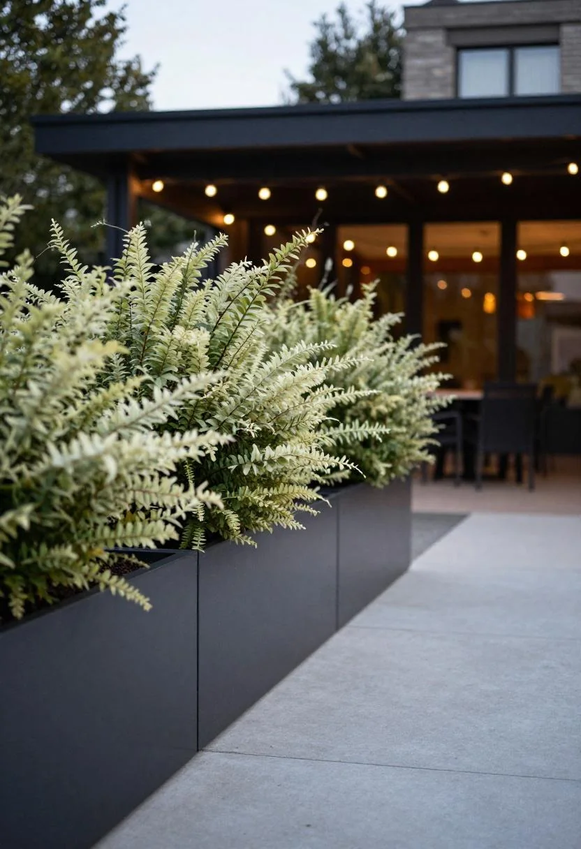 Wasabi butterfly bush in a matte black steel planter glowing beside polished concrete under patio string lights