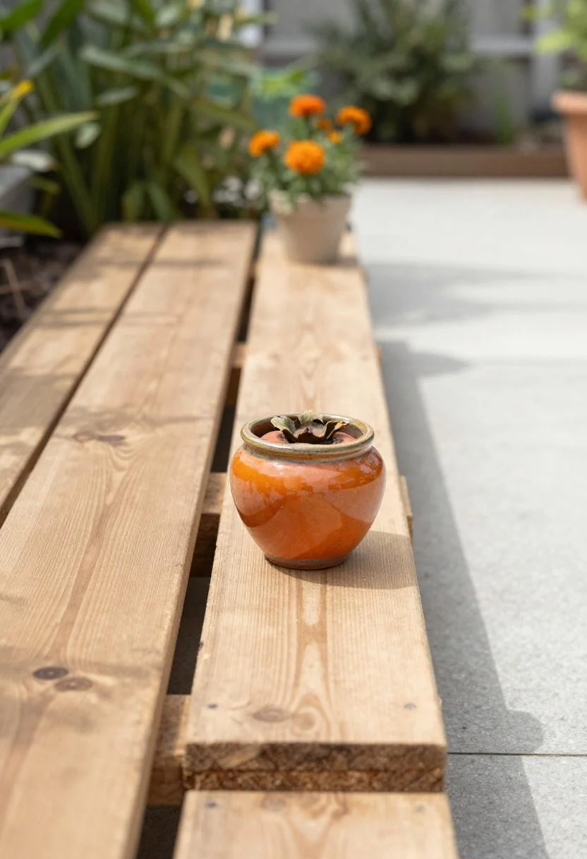 Pallet planter box with warm terracotta lavender pot beside front porch steps at golden hour