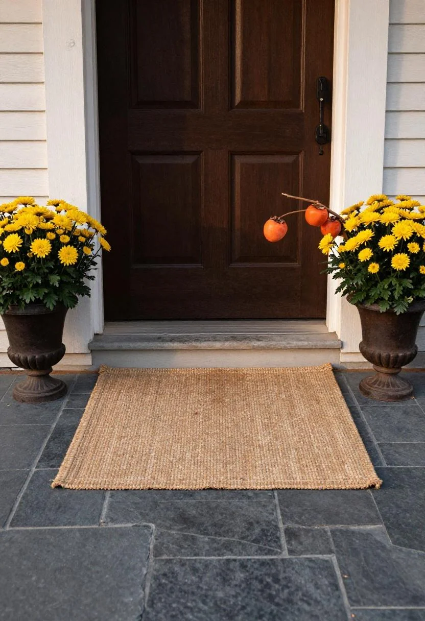 Persimmon chrysanthemum urn flanking a slate paver front porch entry at golden hour