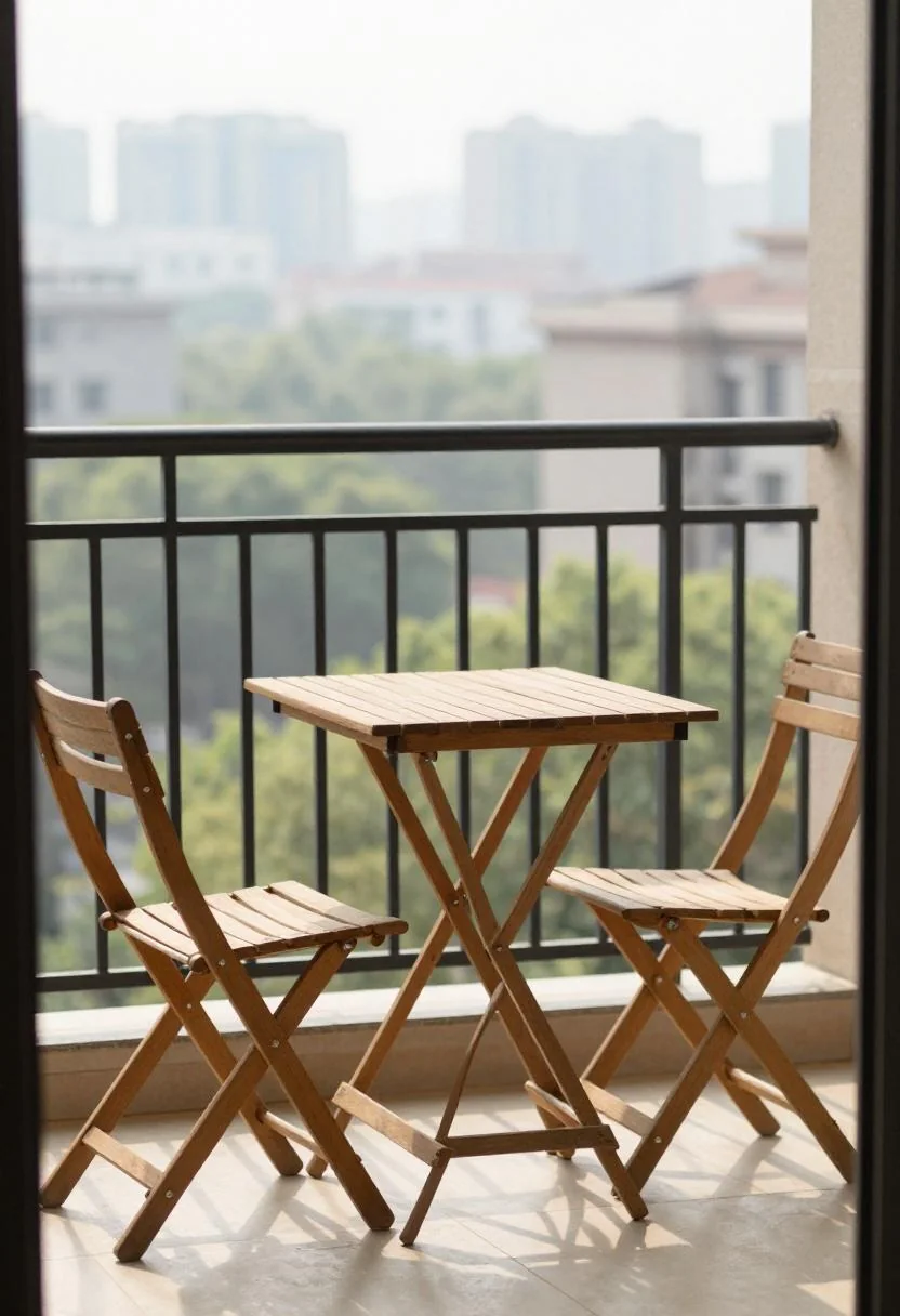 Acacia fold-out table and persimmon canvas chairs on bright morning balcony overlooking city