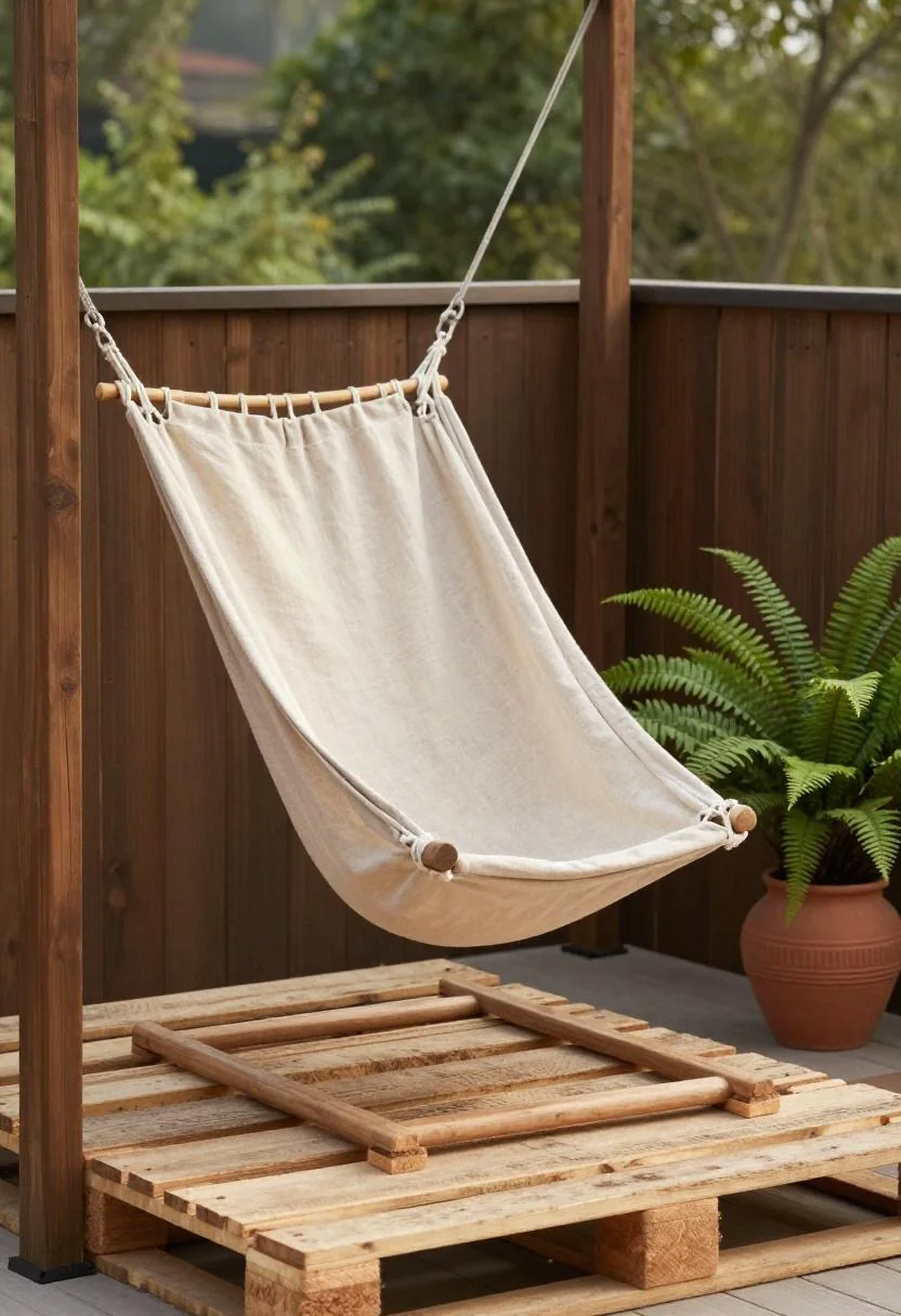 Persimmon hammock chair above a pallet deck with a clay fern pot at golden hour