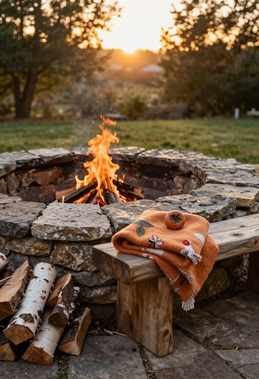 Limestone fire ring with persimmon wool blanket and birch log stack at golden hour