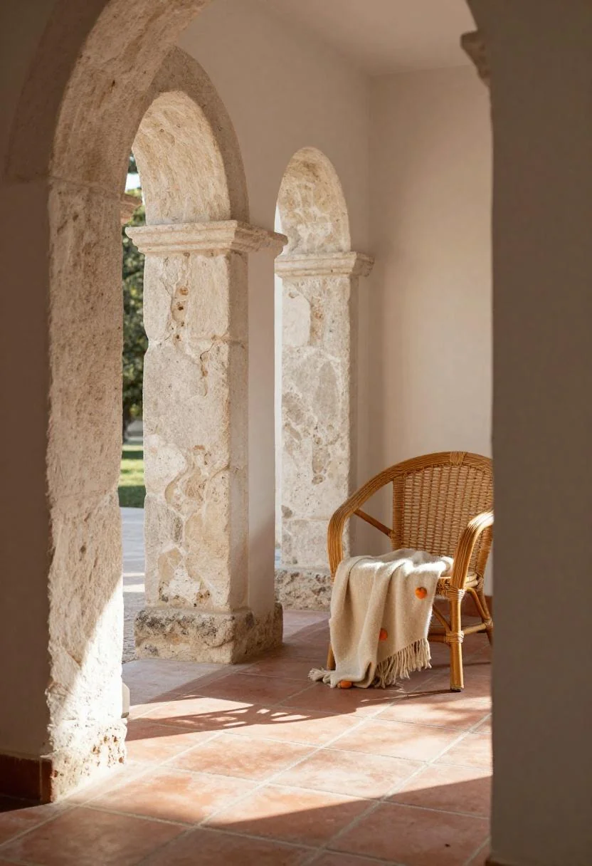 Stone Mediterranean pergola with a persimmon wool throw over a rattan chair in morning light