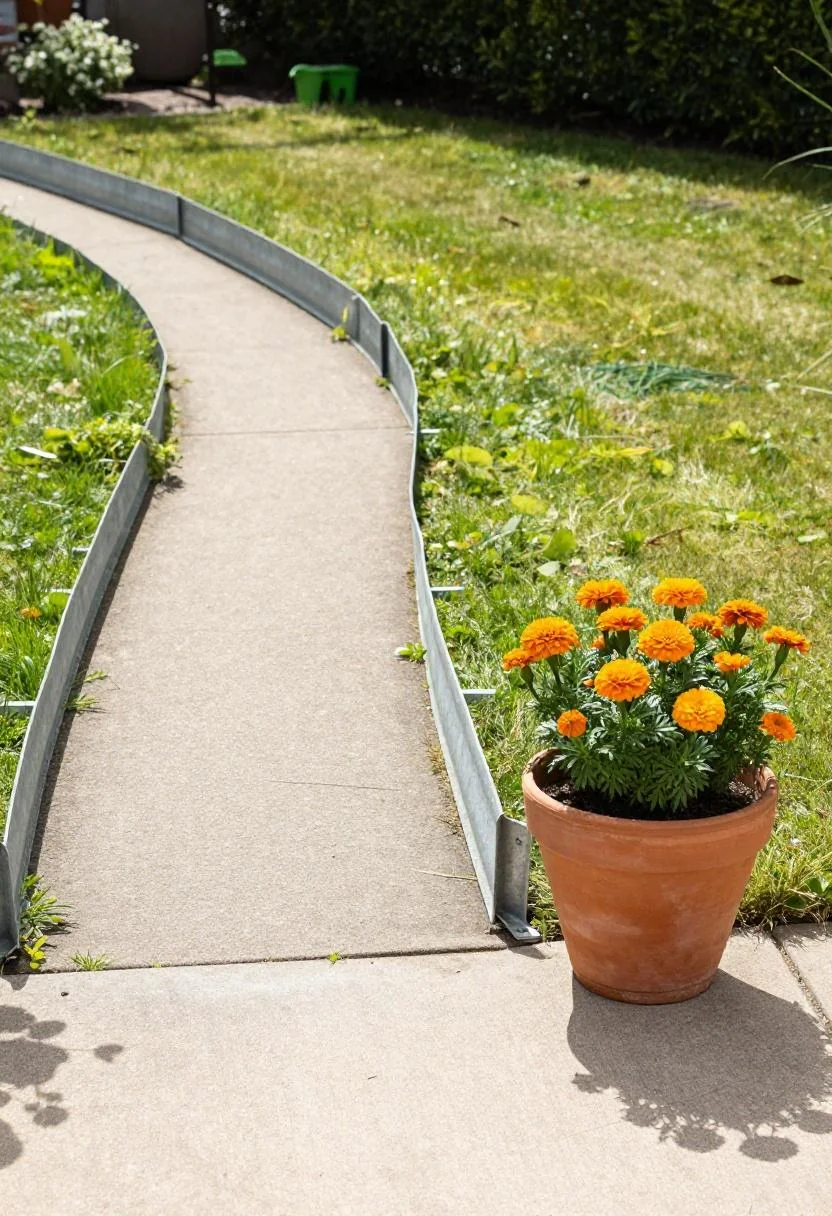 Curved galvanized steel edging bordering a front walkway with a persimmon pot of marigolds at the entry