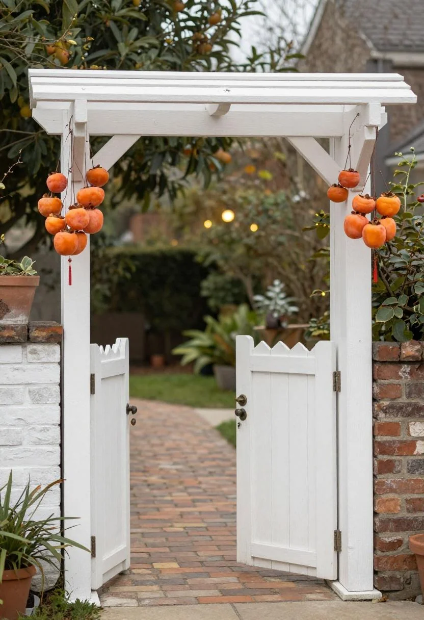 Whitewashed arbor gate lit by persimmon lanterns marking a welcoming front garden entrance at dusk