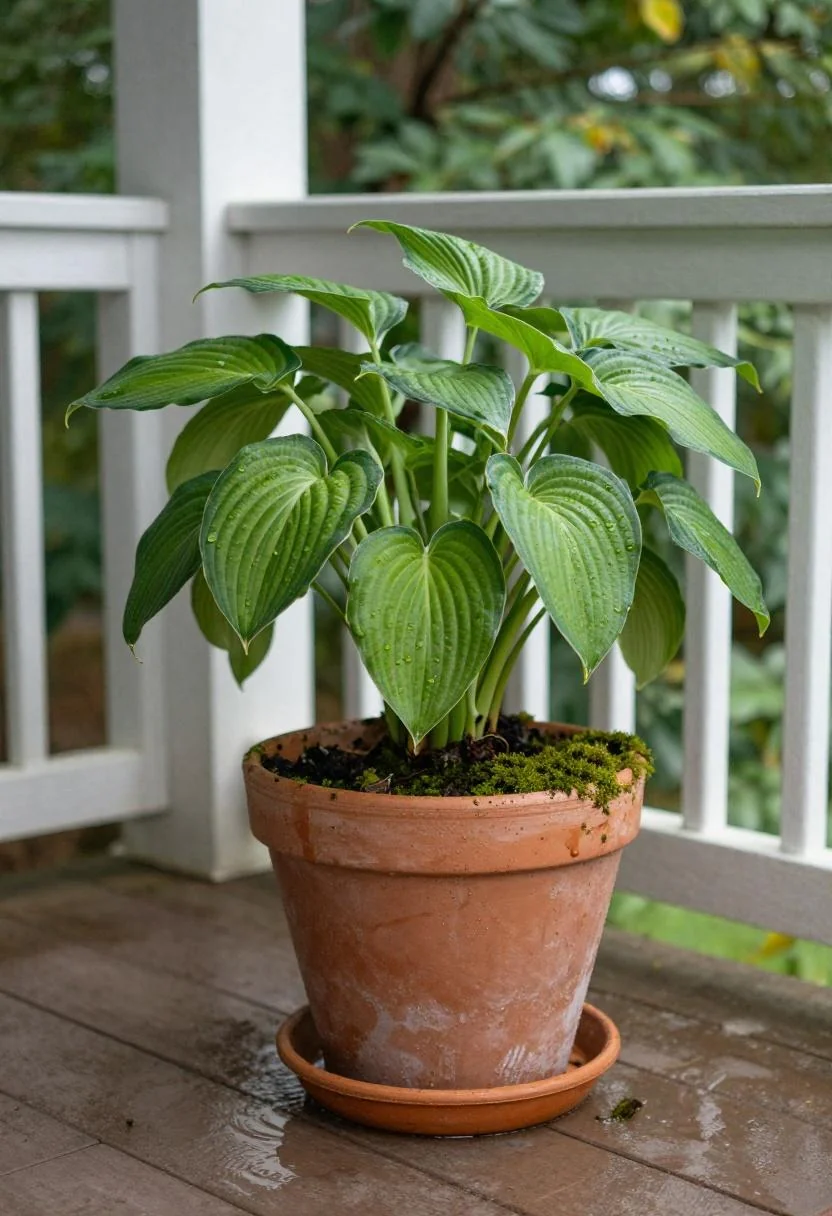 Moss-covered terracotta hosta pot with clay saucer beside a cottage porch post