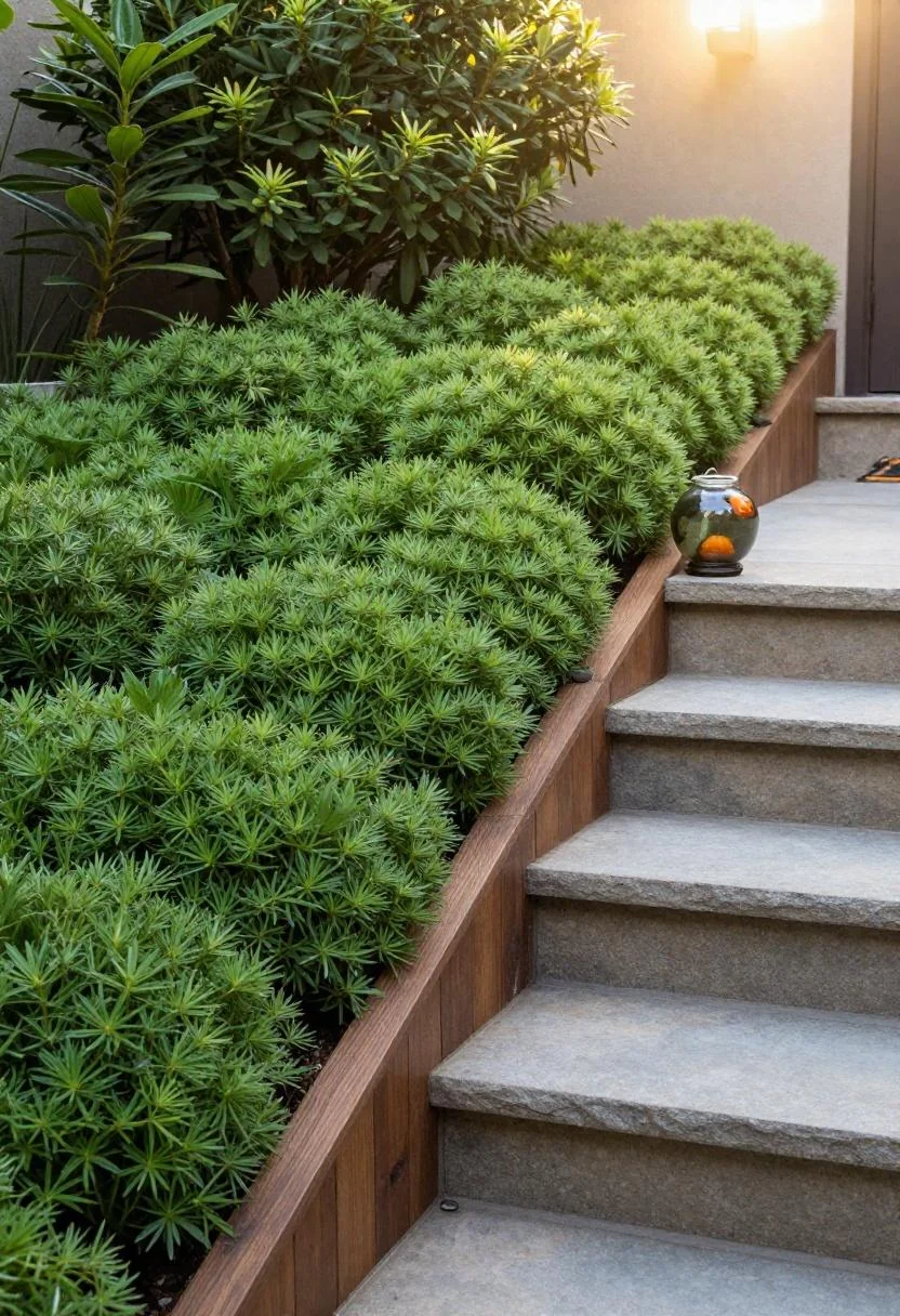 Walnut-edged planter of sedum flanking stone entry steps beside a persimmon lantern