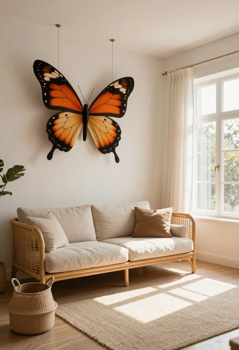 Persimmon silk butterfly mobile hanging from a ceiling beam above a rattan sofa
