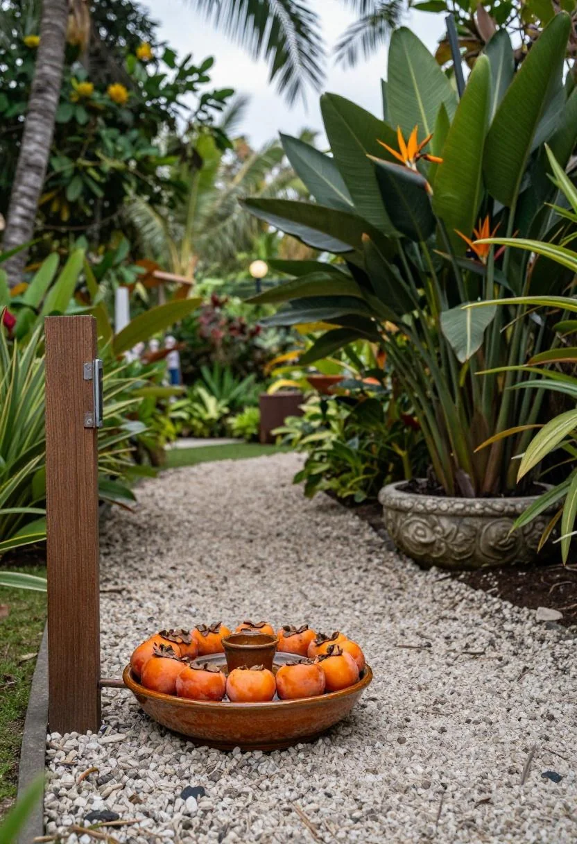 Persimmon ceramic platform feeder on a teak post beside a tropical garden path with bird of paradise at dusk