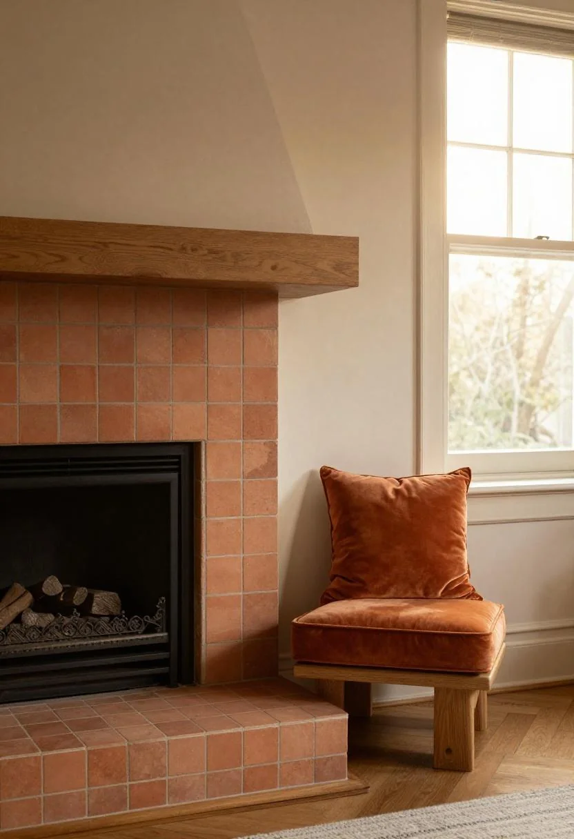 Mid-century fireplace corner with persimmon velvet cushion on oak hearth bench