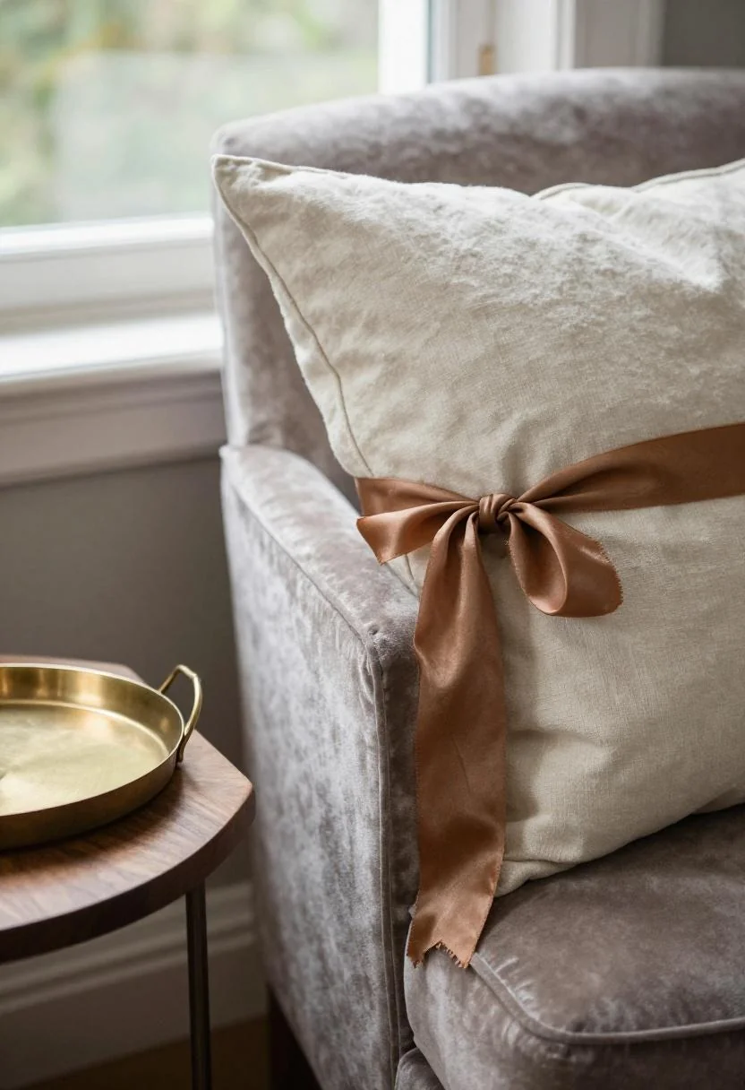 Persimmon silk ribbon on linen pillow with brass tray accent in a velvet armchair vignette