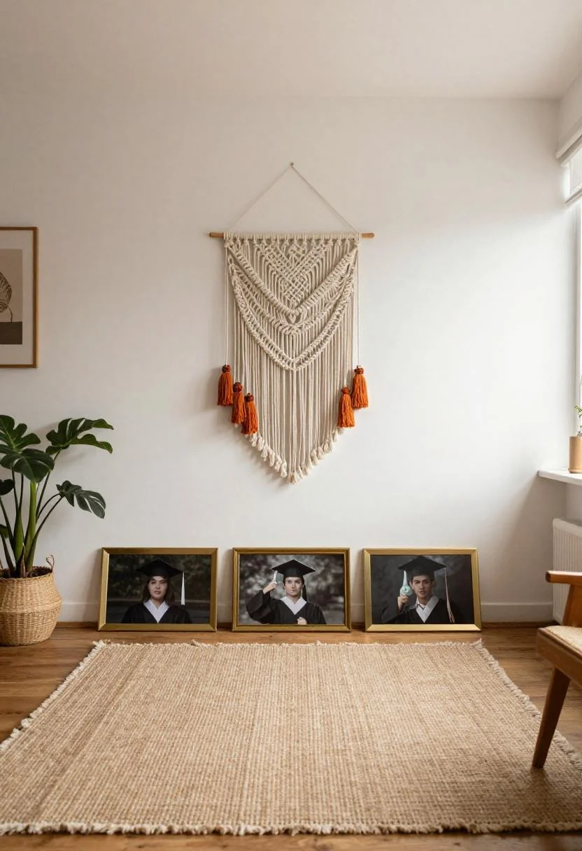 Bohemian macramé wall hanging with persimmon tassel above a cluster of graduation frames