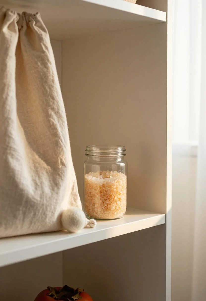 Wool dryer balls in a persimmon cotton bag beside a glass jar of fabric softener on a linen closet shelf