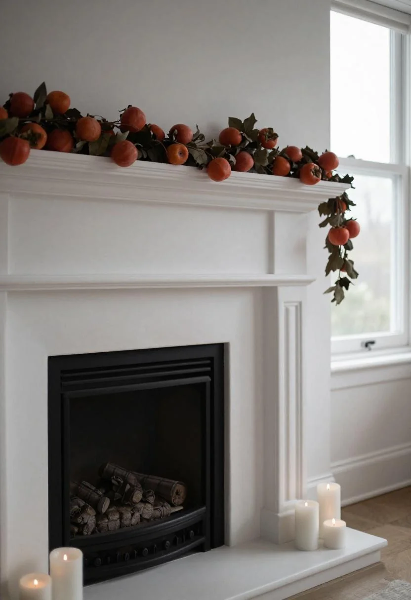 White plaster fireplace with persimmon linen garland and white candles on the hearth