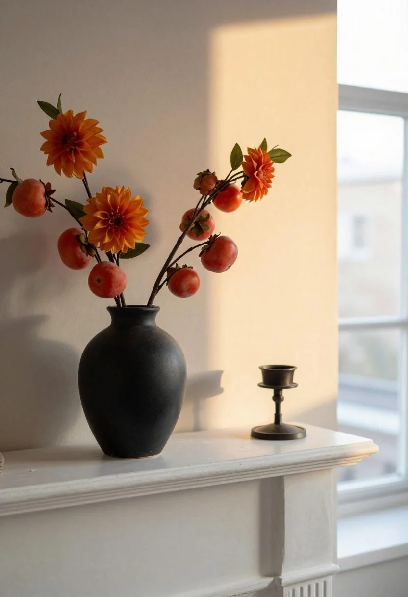 Persimmon faux dahlias in a black ceramic vase on a plaster fireplace mantel