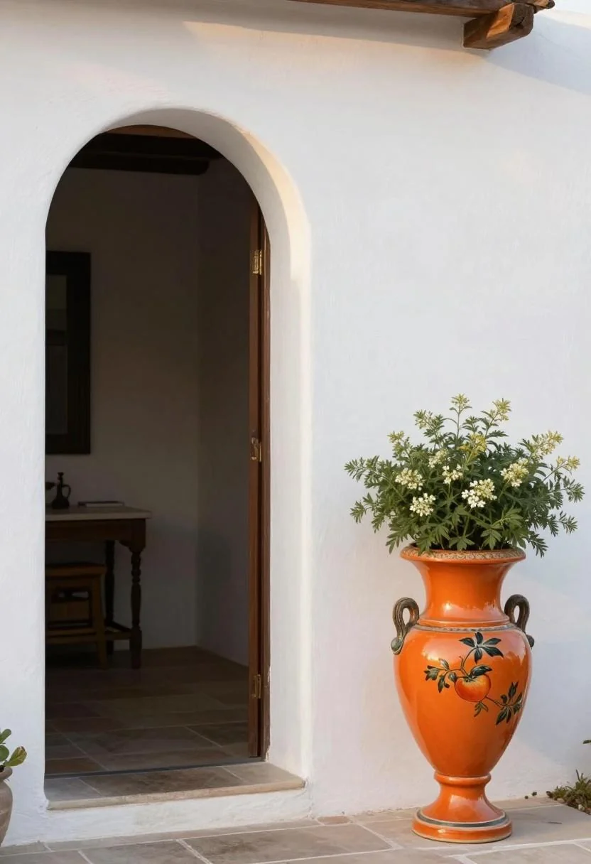 Pennyroyal in a persimmon-painted ceramic urn flanking a whitewashed Mediterranean arched doorway
