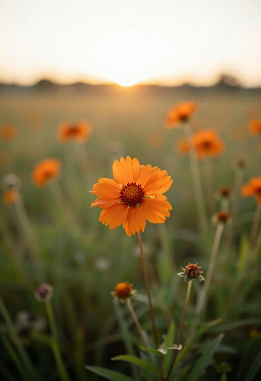 Single persimmon gaillardia bloom sharp against a blurred golden-hour meadow garden backdrop