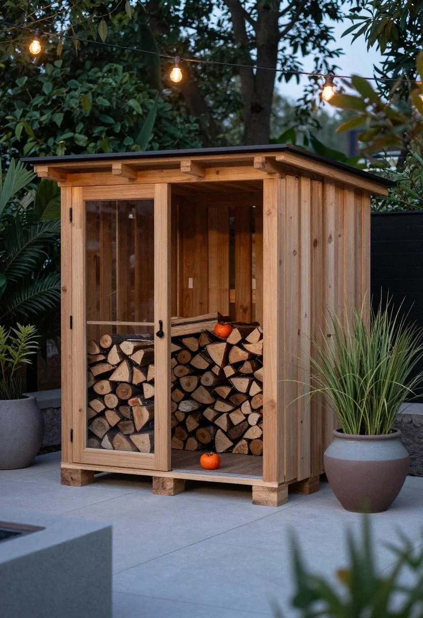 Pallet shed storing firewood near a fire pit with a persimmon ceramic planter at dusk