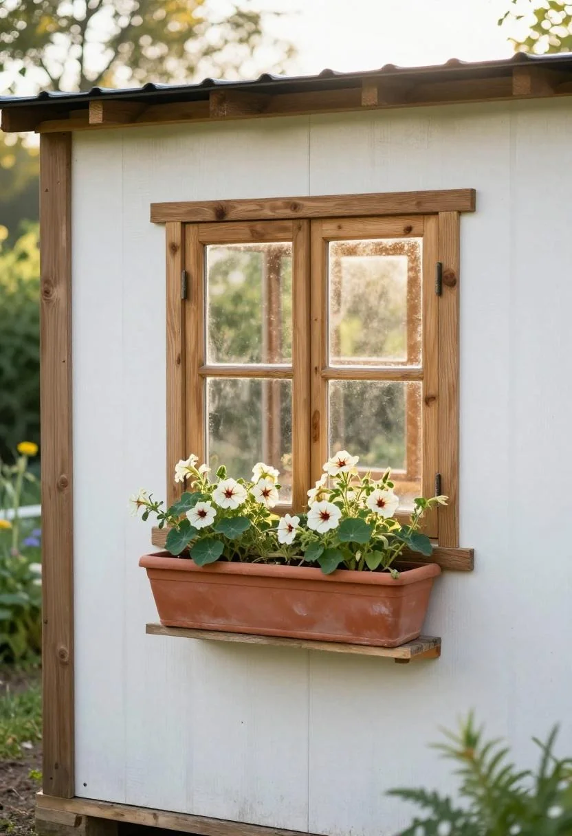 Pallet shed with a recycled pine window and warm terracotta nasturtium window box in cottage morning light