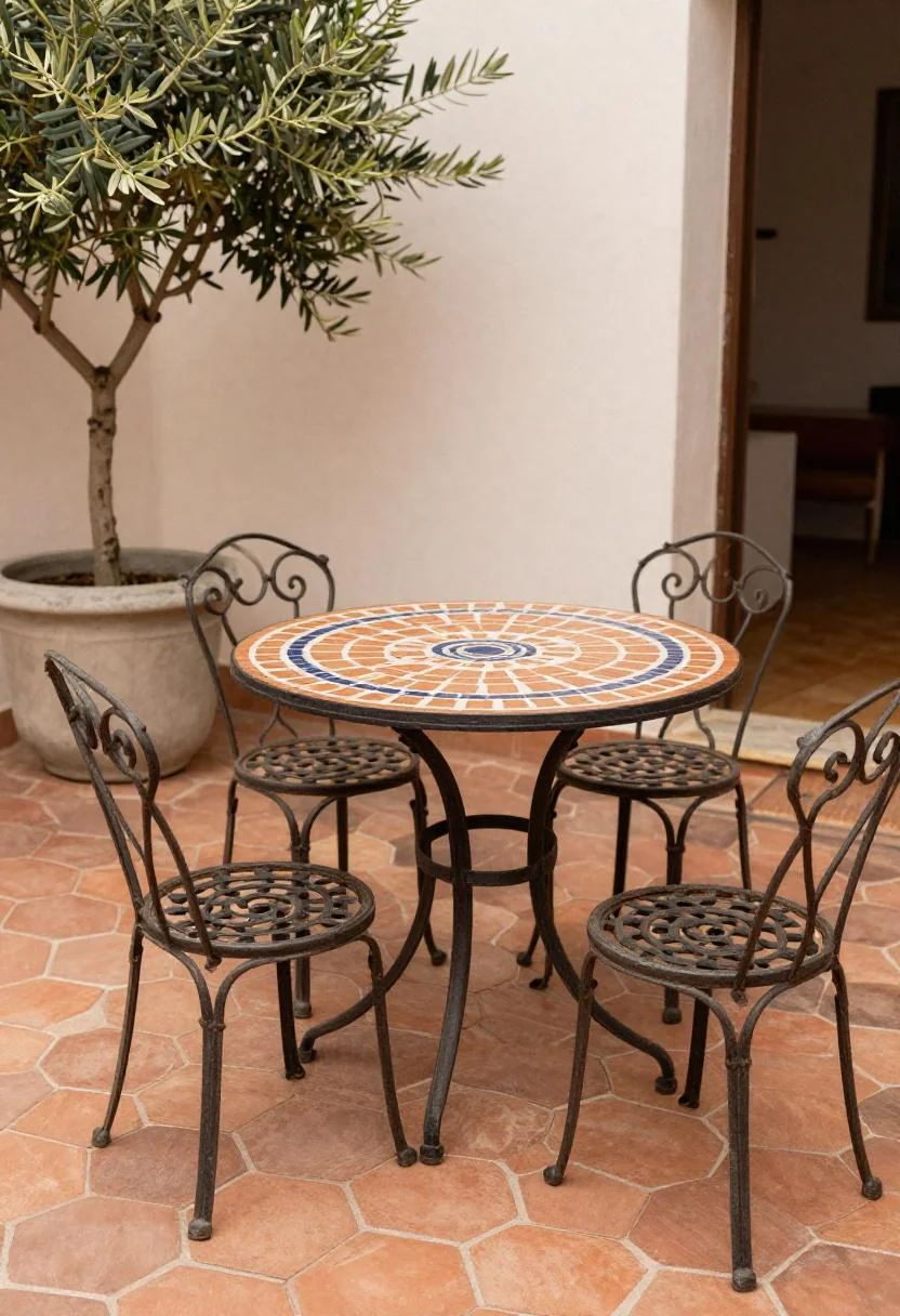 Wrought-iron table with terracotta mosaic top on hexagonal pavers in a Mediterranean courtyard