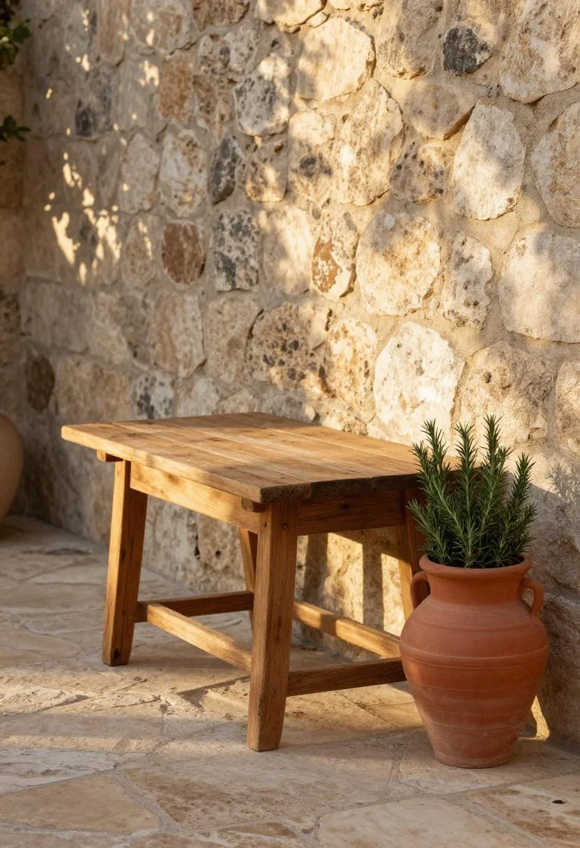 Reclaimed oak table and terracotta rosemary amphora on golden-lit Mediterranean stone patio