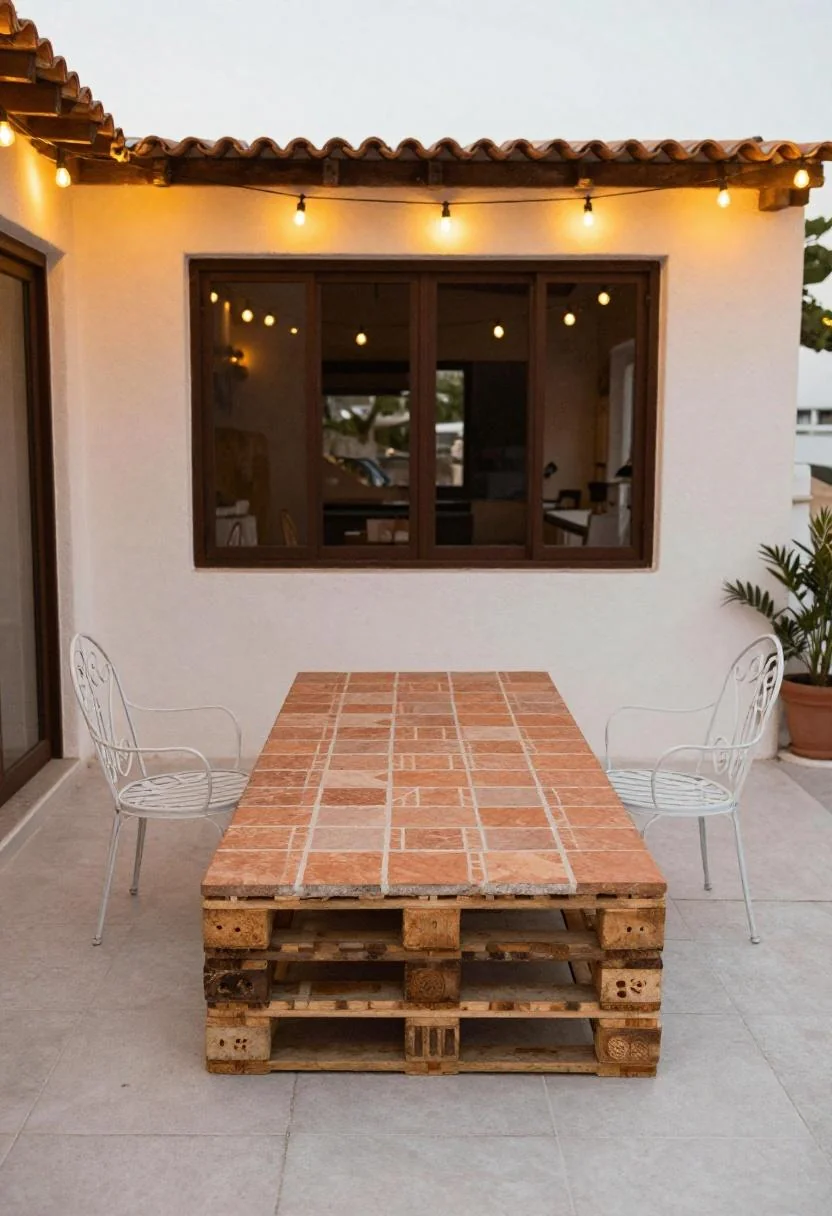 Terracotta mosaic pallet table flanked by iron chairs on a lit Mediterranean terrace at dusk